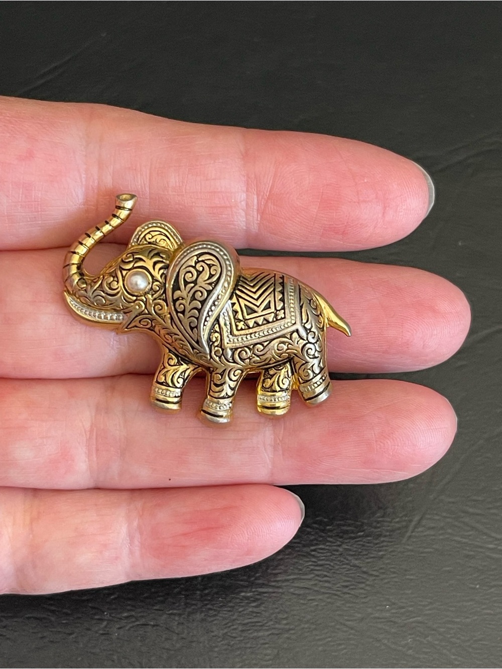 Vintage Damascene Gold-Tone Elephant Brooch.